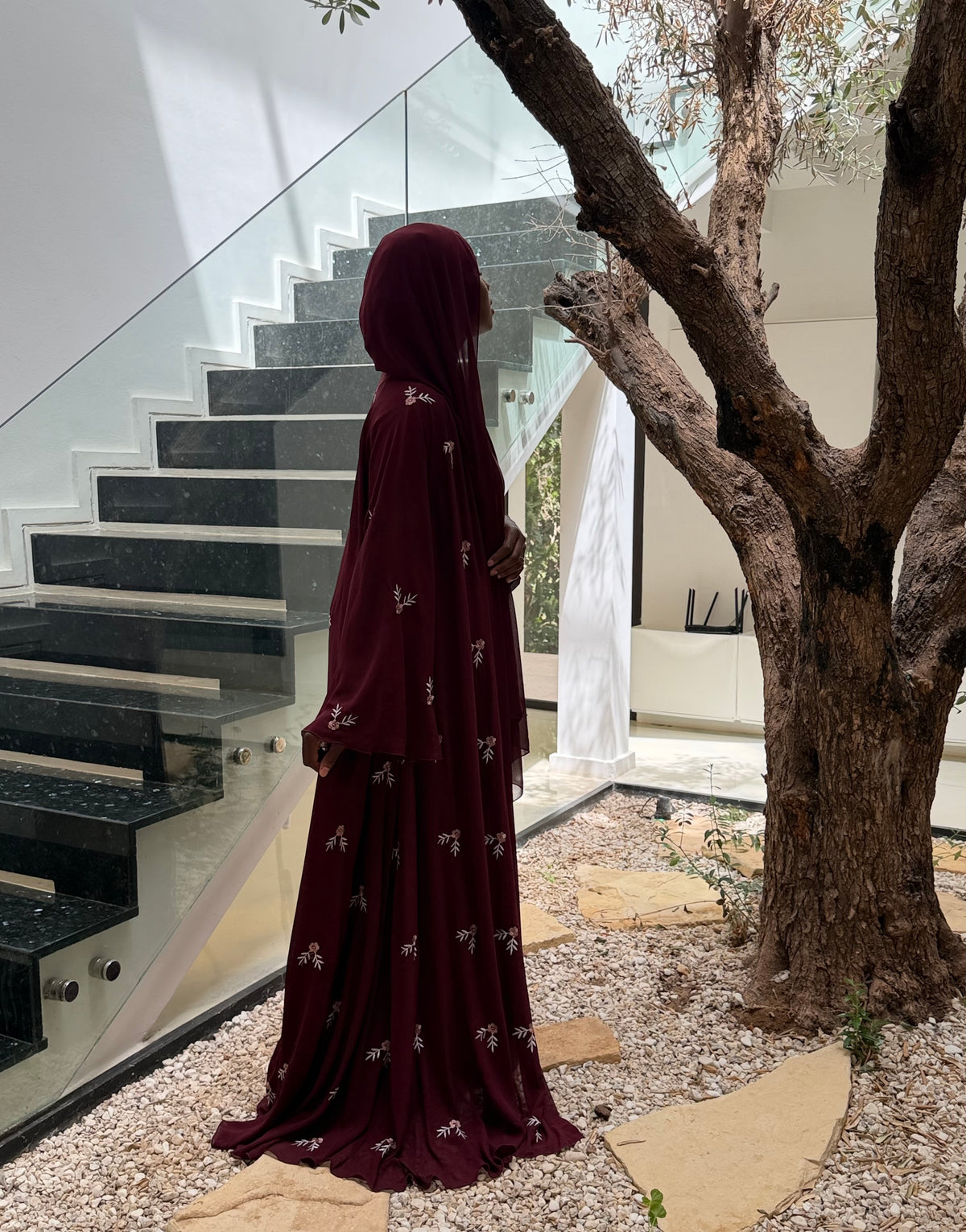 Abaya en mousseline Rouge bordeaux